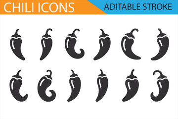 Fototapeta premium Editable Stroke Chili Pepper Icons in Black for Spicy Ingredient Illustrations