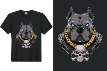 Pitbull Vector Design for T-shirt: A pitbull head with skull in vector design with gold chain for t-shirt design with intense emotion.