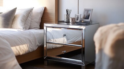 Modern mirrored nightstand in a bright bedroom