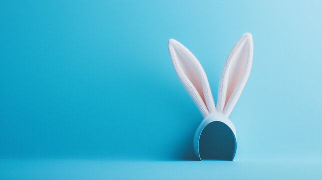 White rabbit ears sticking out of hole on blue background
