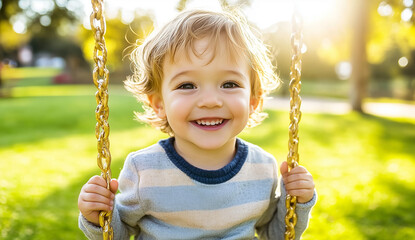 Smiling child enjoying a swing in a sunlit park outdoors