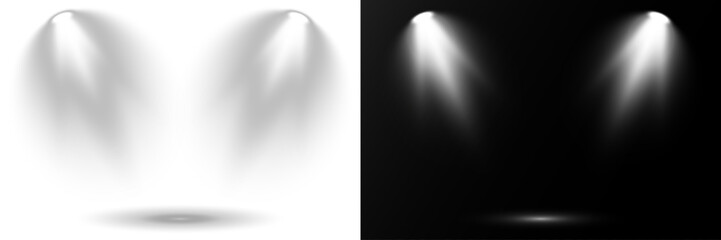 Bright spotlights shine down, forming focused light circles. Stage lighting creates dramatic beams in concert visuals. Overlay effects simulate professional studio illumination. Row of spotlights