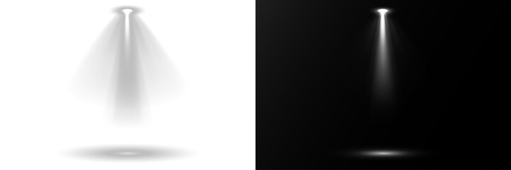 Bright spotlights shine down, forming focused light circles. Stage lighting creates dramatic beams in concert visuals. Overlay effects simulate professional studio illumination. Row of spotlights