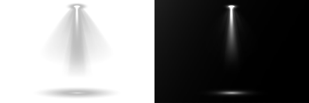 Bright spotlights shine down, forming focused light circles. Stage lighting creates dramatic beams in concert visuals. Overlay effects simulate professional studio illumination. Row of spotlights