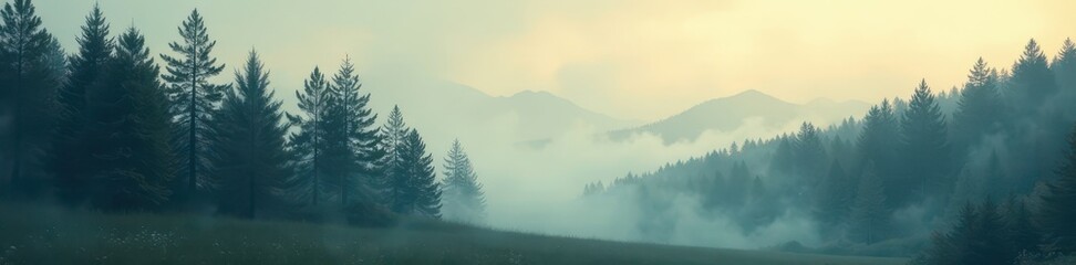 Naklejka premium Ethereal misty fir trees, vintage style photo, woodland, green