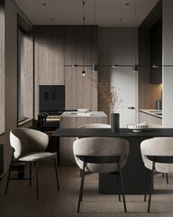 White living room interior with kitchen and dining area, shelf with art decoration, no carpet on hardwood floor. Panoramic window on tropics. Mockup copy space wall. 3D rendering