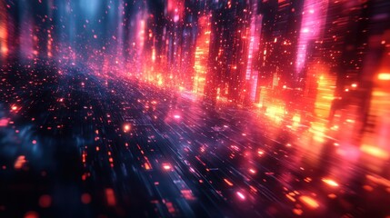 Obraz premium Digital Cityscape: A Futuristic Night Drive Through Neon Lights and Glowing Pixels