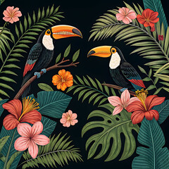 A vibrant and distinctive tropical pattern characterized by luxuriant palm leaves, exotic blossoms, and foliage.