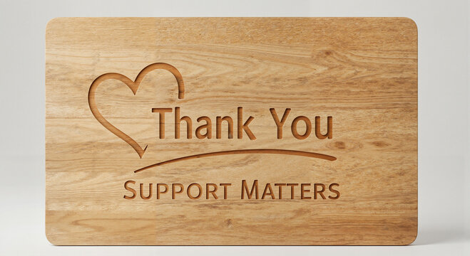 Nonprofit gratitude concept with logo board featuring heart and thank you sign, isolated on neutral background with centered shot and Support Matters text
