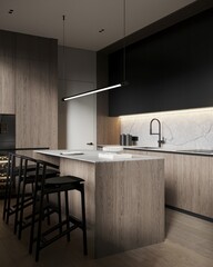 Interior of modern kitchen with white walls, concrete floor, wooden cabinets and cupboards, massive stone island and long dining table with chairs. 3d rendering