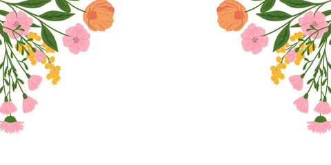 Floral border with field flowers. Botanical design, horizontal decoration. Blossoms, leaves, summer nature. Meadow wildflowers mix, decor. Flat vector illustration isolated on white background.