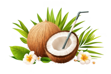 Coconut with straw and flowers on transparent background