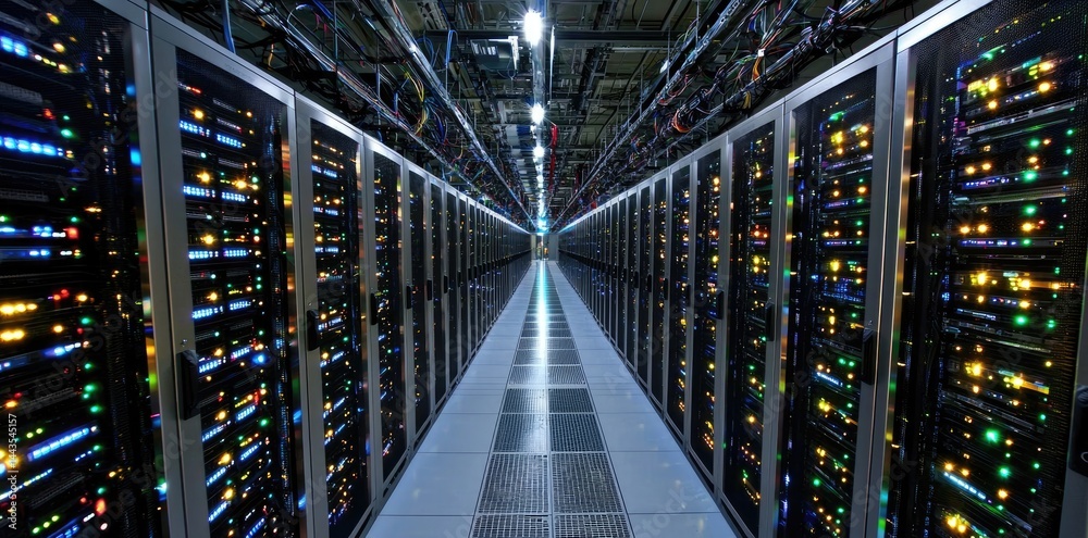 Poster high-tech data center with long symmetrical server racks and colorful glowing lights, ideal for show
