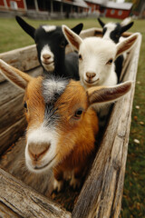 Four Curious Baby Goats Exploring a Wooden Trough  
