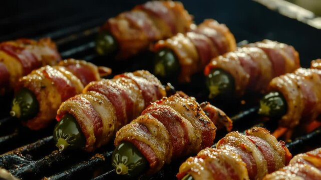 Sizzling hot jalapenos wrapped in crispy bacon on a grill, ready to be devoured