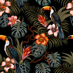 A vibrant and distinctive tropical pattern characterized by luxuriant palm leaves, exotic blossoms, and foliage.
