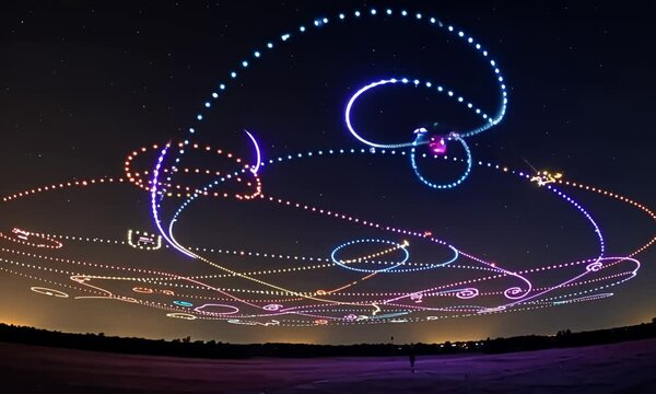 Light show drones dance with mesmerizing colorful patterns in the night sky
