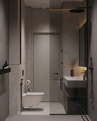 Beige mocha bathroom interior with sink and mirror, carpet on hardwood floor, bathtub, plants. Bathing accessories and window in hotel studio