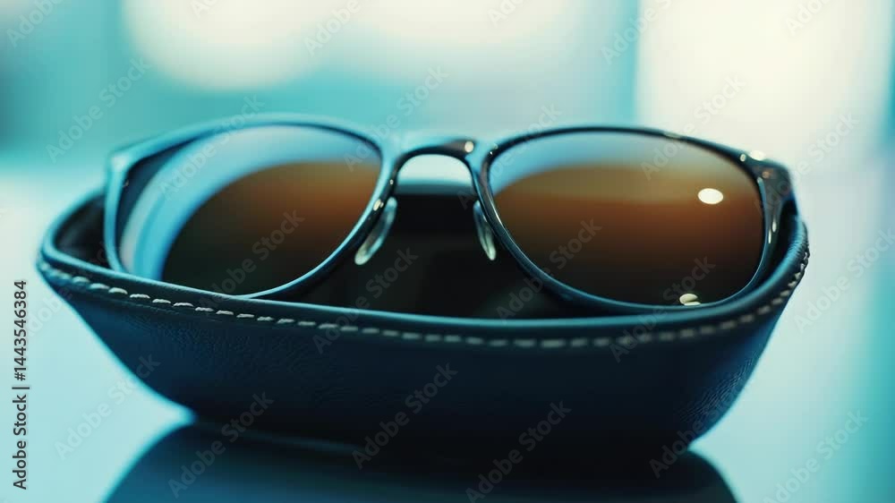 Poster A pair of sunglasses resting on top of a black case, ready for use or storage