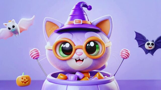 Adorable 3D Halloween Purple Cat in Witch Hat Sitting in Cauldron with Candy and Bats | Cute Animated Design
