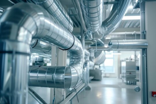 Modern HVAC system with stainless steel pipes in professional kitchen