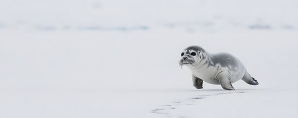 Adorable baby seal is running on arctic ice sheet