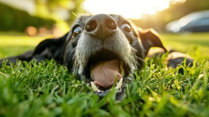 Close up of a happy dog lying in the grass