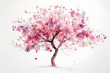 Blossoming Cherry Tree: A breathtaking watercolor illustration showcases a flowering cherry tree in full bloom, its branches adorned with delicate pink blossoms and graceful leaves.