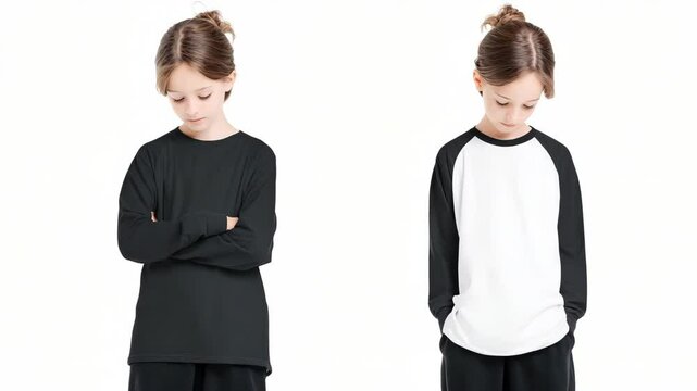 Two young models showcase a black long-sleeve t-shirt and a white baseball style long-sleeve shirt on a bright white background.