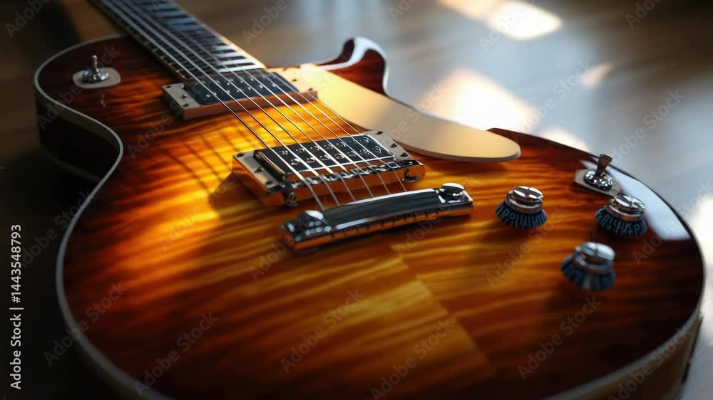 Poster a close-up shot of a guitar resting on a table, perfect for music-related compositions or decorative