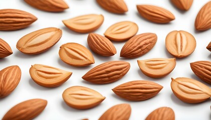 An appealing shot of several almonds, some halved, against a clean, white backdrop.