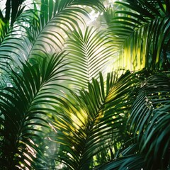 Obraz premium Lush green palm tree leaves reach towards the tropical sky, evoking summer beach vacations and exotic island nature