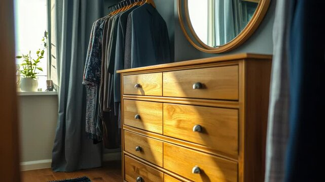 A typical bedroom setup with a dresser and mirror
