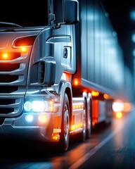 Truck driving through illuminated city streets at night showcasing bright headlights and reflections