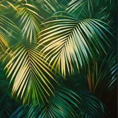 Obraz premium Green palm tree leaves create a vibrant tropical background, perfect for a summer beach travel image