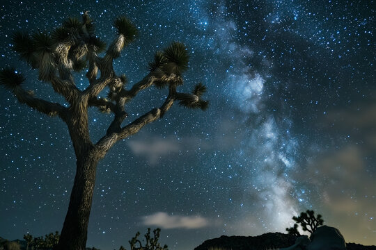 Joshua tree under the spectacular milky way galaxy in a desert landscape