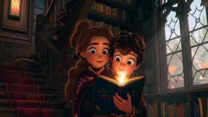 Delight in the charm of a boy and girl cartoon characters engrossed in a fairy tale book, glowing under the warm light of a lamp. A captivating scene that sparks imagination and joy.