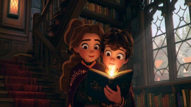 Delight in the charm of a boy and girl cartoon characters engrossed in a fairy tale book, glowing under the warm light of a lamp. A captivating scene that sparks imagination and joy.