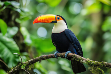 Obraz premium Tropical Toucan on Branch – Close-Up Wildlife Scene in Exotic Jungle