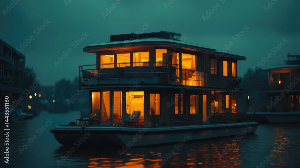 Poster a houseboat floating on calm waters at nighttime, ideal for use in travel or adventure concepts