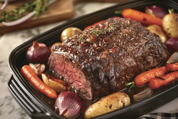 hearty beef pot roast surrounded by roasted potatoes, carrots, and onions