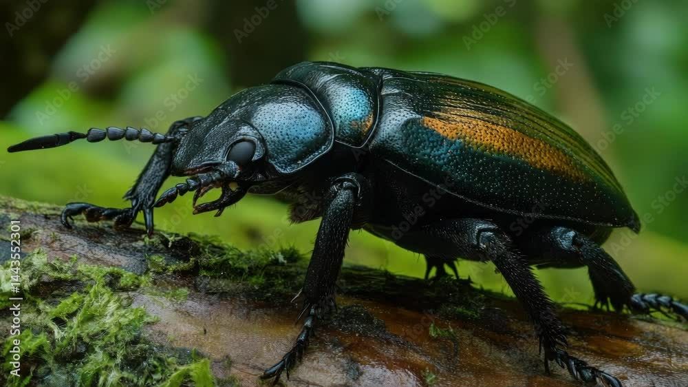 Poster A close-up view of a beetle perched on a tree branch