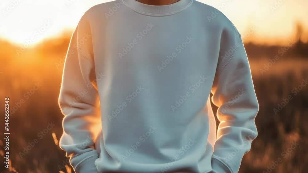 Poster a person standing in an open field with hands in pockets, casual atmosphere