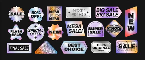 Holographic label set. Advertising stickers with metallic neon texture. Design elements to promote sale, special offer and discount. Iridescent vector illustration collection