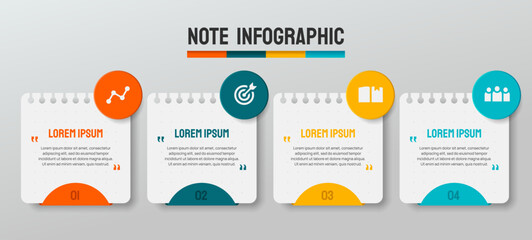 Business Infographic Design Set. Note papers with icons and template text for business presentation and planning. Design element with 4 steps. Vector illustration collection
