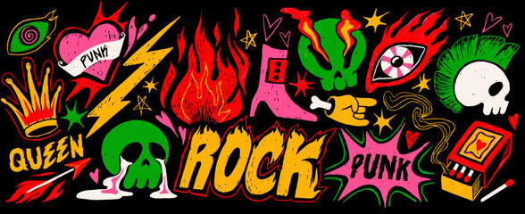 Punk and rock style crayon drawings. Abstract doodle stickers or colorful graffiti with skull, fire, golden crown and burning eyes. Hand drawn vector illustration collection