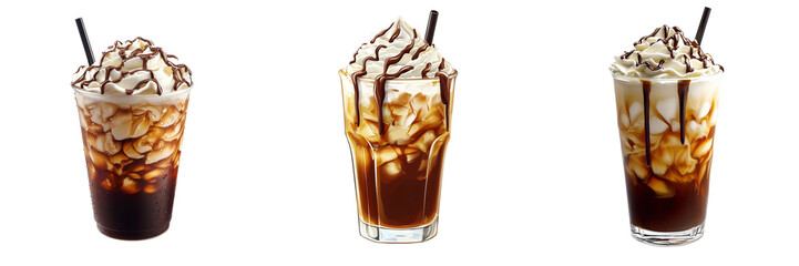 Collection of refreshing iced coffee with whipped cream and chocolate drizzle isolated on a transparent background