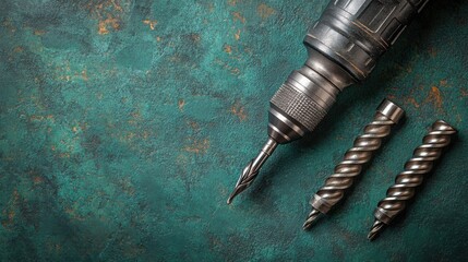 A close-up of a drill and drill bits on a green background 