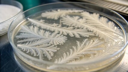 Microbial Growth in Petri Dish: Capturing intricate, dendritic patterns of bacterial or fungal colonies, forming a delicate and artistic arrangement within a scientific laboratory setting.