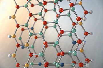 Molecular Structure: A visually striking, macro-level depiction of a complex molecular structure, showcasing a 3D rendered interconnected arrangement of atoms and bonds in a close-up perspective.
